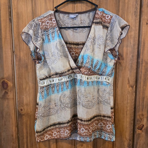 rave Tops - Rave Blouse Womens Small Brown Blue Excellent Paisley Empire Waist Sheer Top